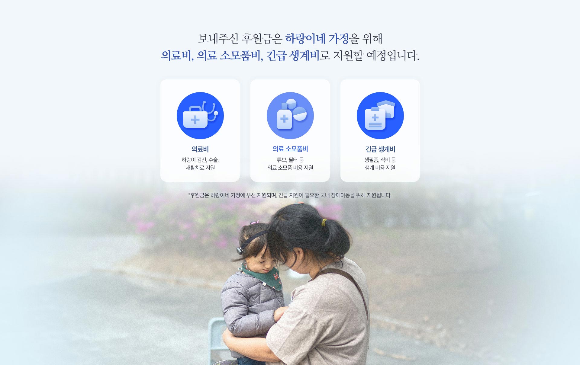 보내주신 후원금은 하랑이네 가정을 위해 의료비, 의료 소모품비, 긴급 생계비로 지원할 예정입니다.
