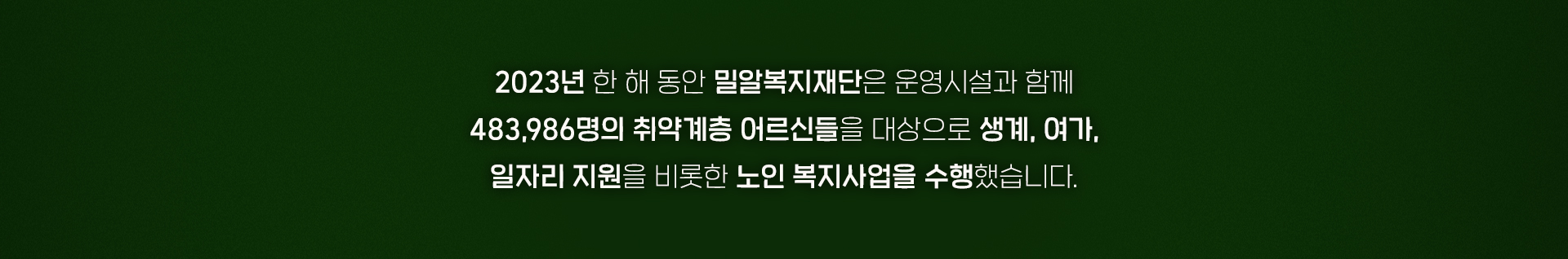 2023년 한 해 동안 밀알복지재단은 운영시설과 함께 483,986명의 취약계층 어르신들을 대상으로 생계, 여가, 일자리 지원을 비롯한 노인 복지사업을 수행했습니다.